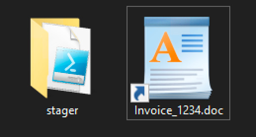 Screenshot from inside the iso directory, showing the stager subdirectory and the Invoice_1234.doc.lnk file.
